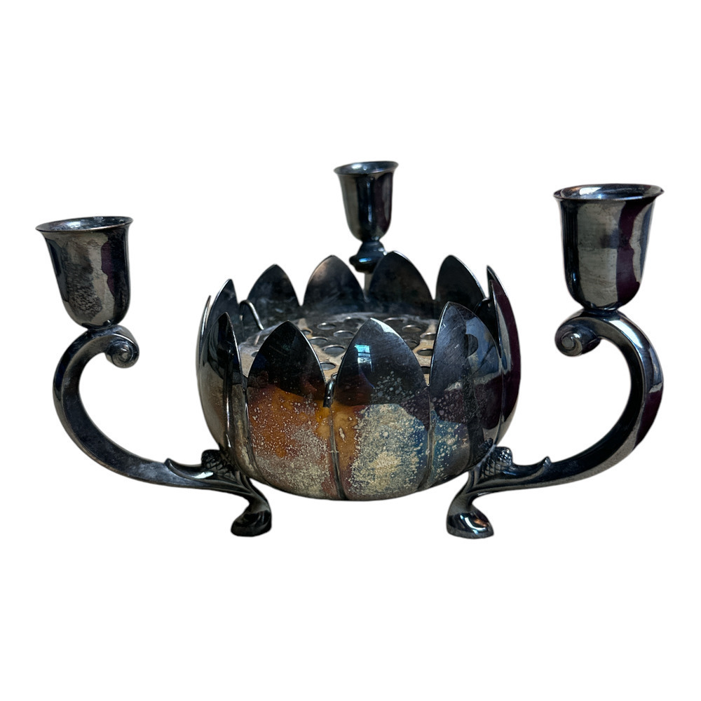 Vintage Reed & Barton Silver-Plate Lotus Flower Bowl With 3 Candle Stick Holders